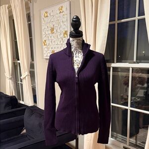 Ralph Lauren Ribbed Zip-Up Sweater Jacket - Deep Plum